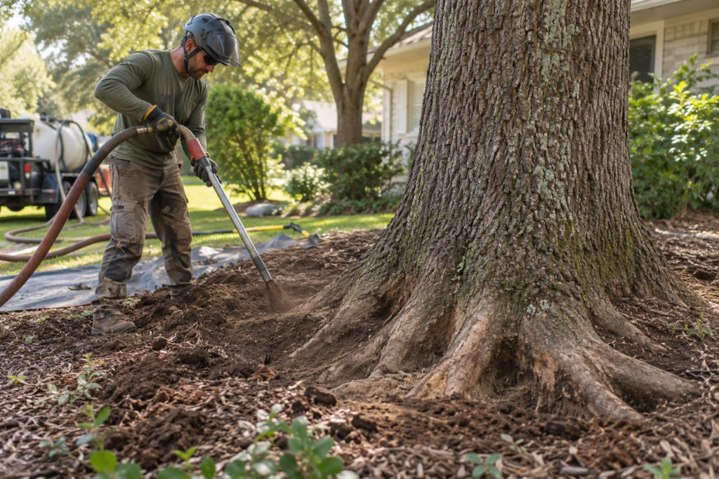 Root Collar Excavation & Air Spading in North Augusta - SC as an arborist exposes a buried tree flare