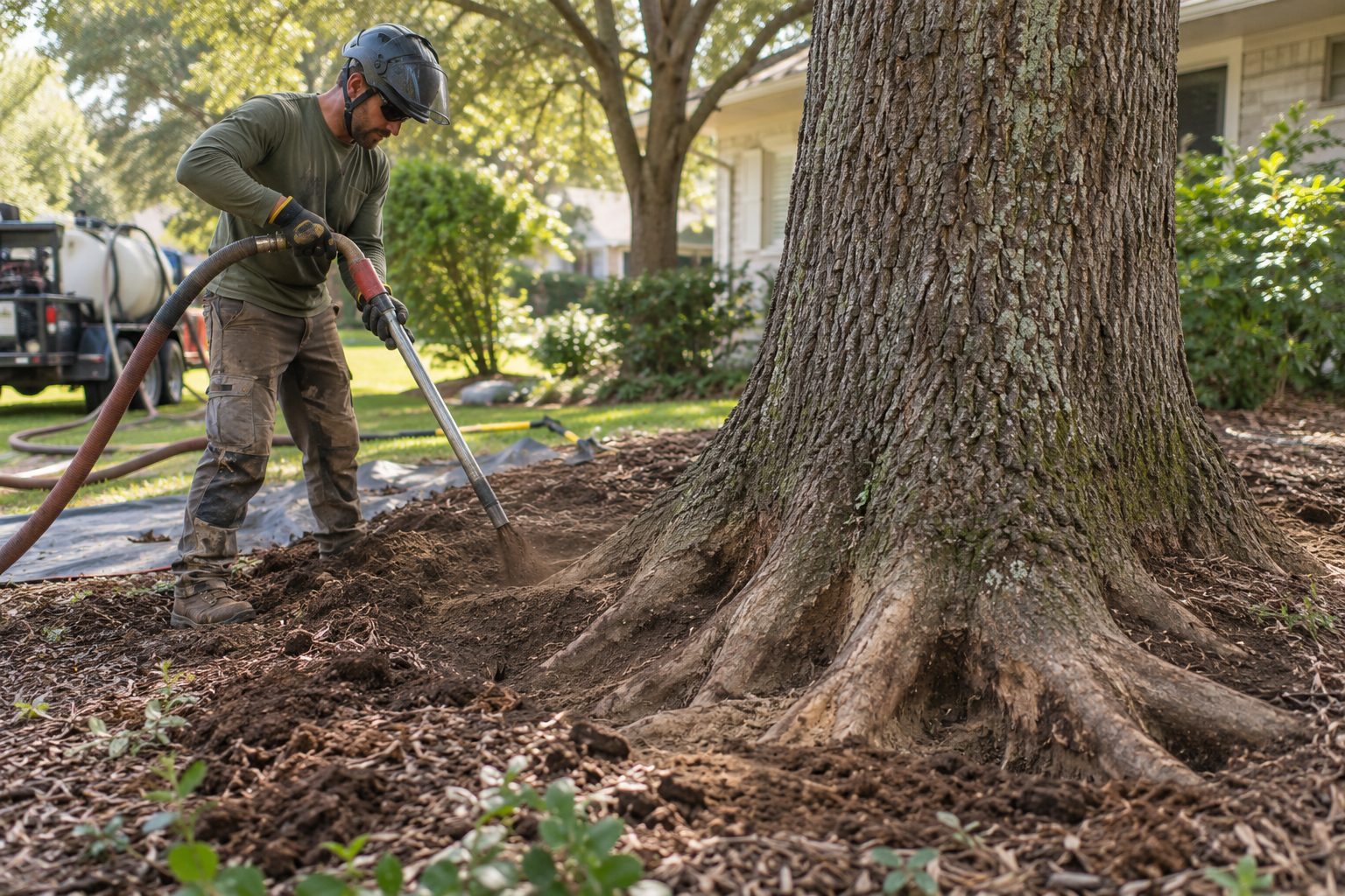 Root Collar Excavation & Air Spading in North Augusta - SC as an arborist exposes a buried tree flare