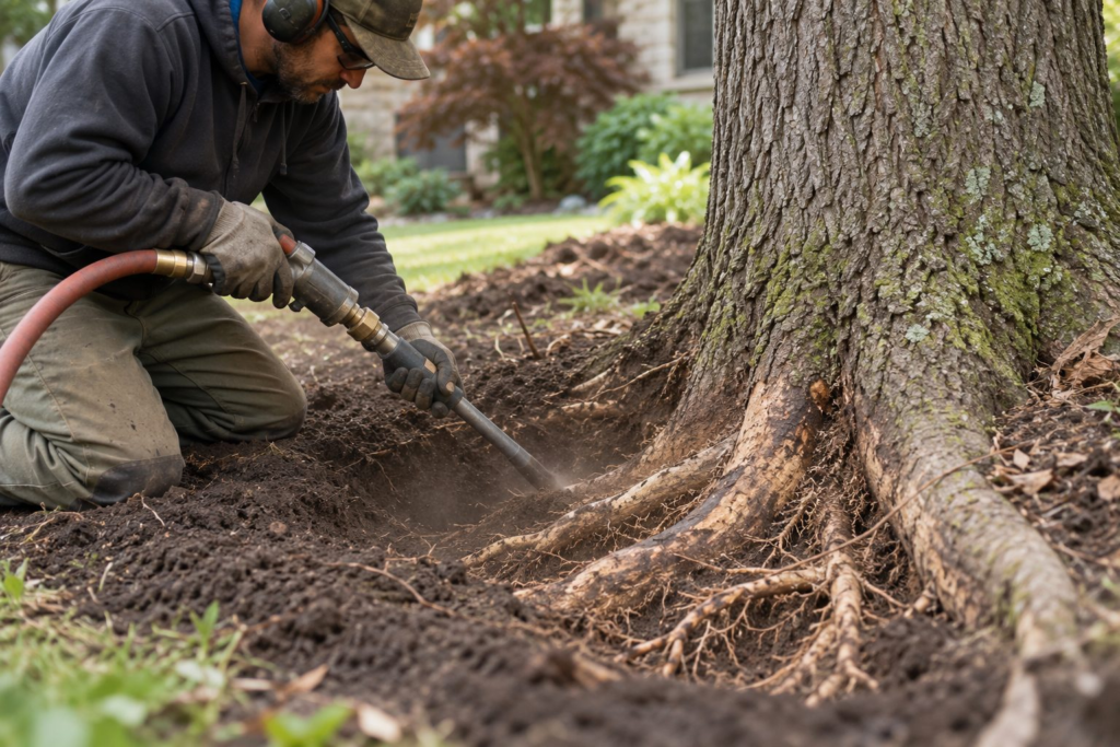 Root Collar Excavation & Air Spading in Graniteville - SC as an arborist uncovers a tree flare near a lawn