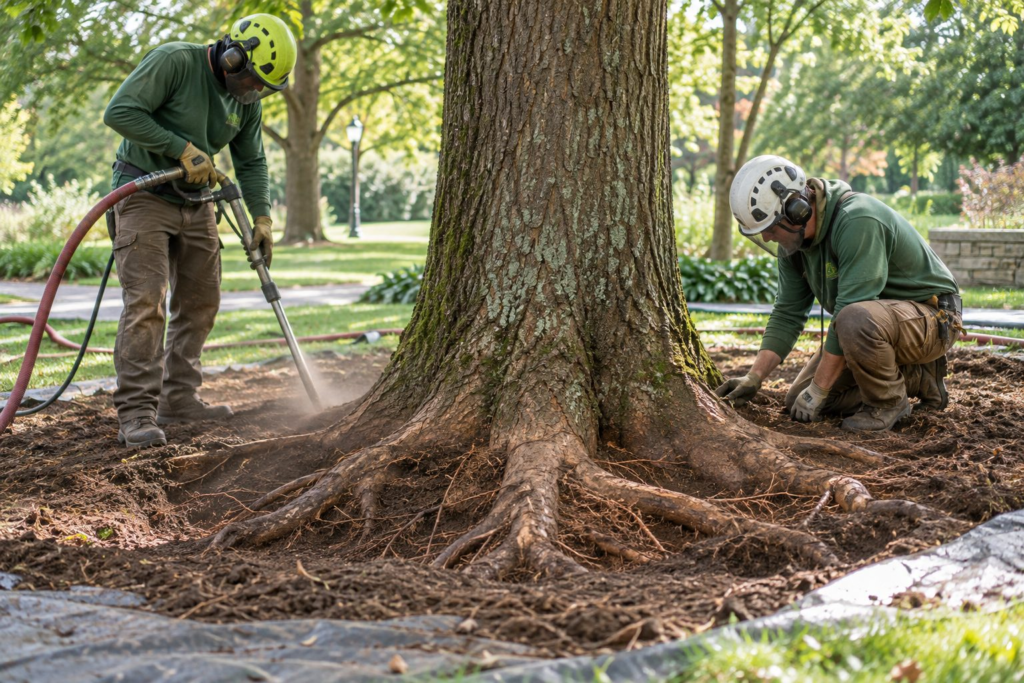 Root Collar Excavation & Air Spading in Trenton - SC as an arborist exposes a buried tree flare near a walkway