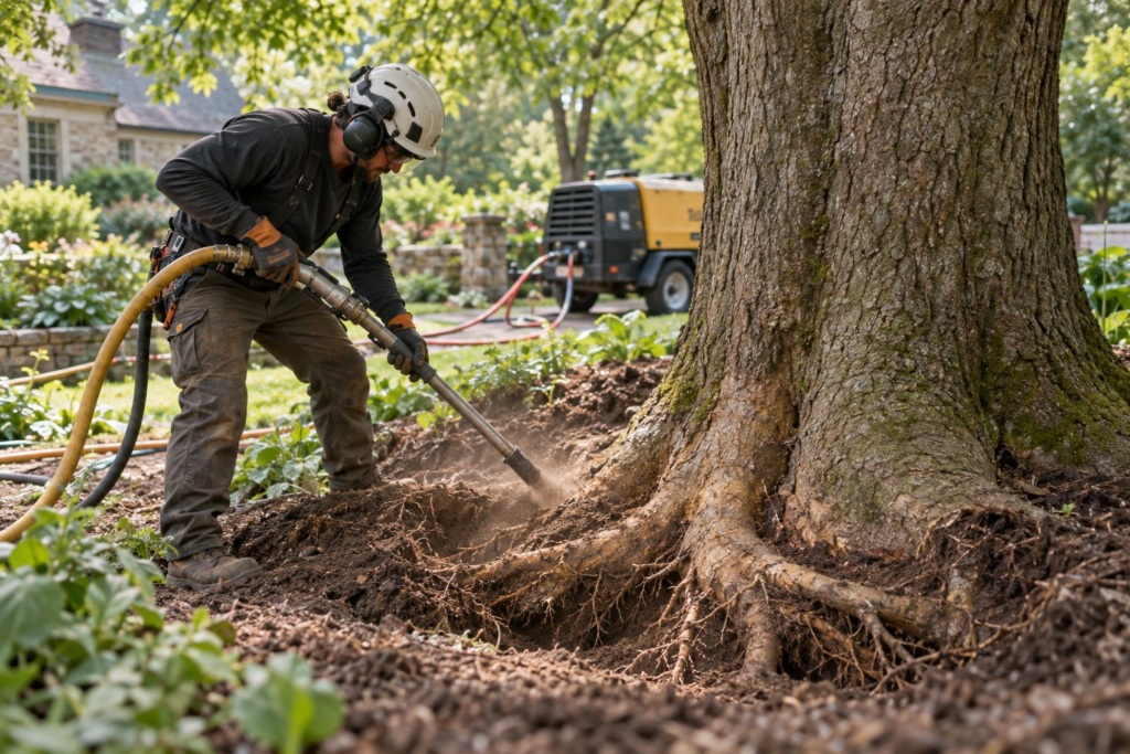 Root Collar Excavation & Air Spading in Evans - GA as an arborist uncovers a tree flare near a lawn
