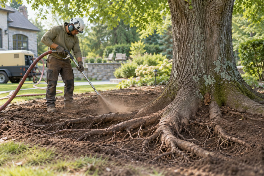 Root Collar Excavation & Air Spading in Jackson - SC as a technician exposes a buried tree flare beside a walkway