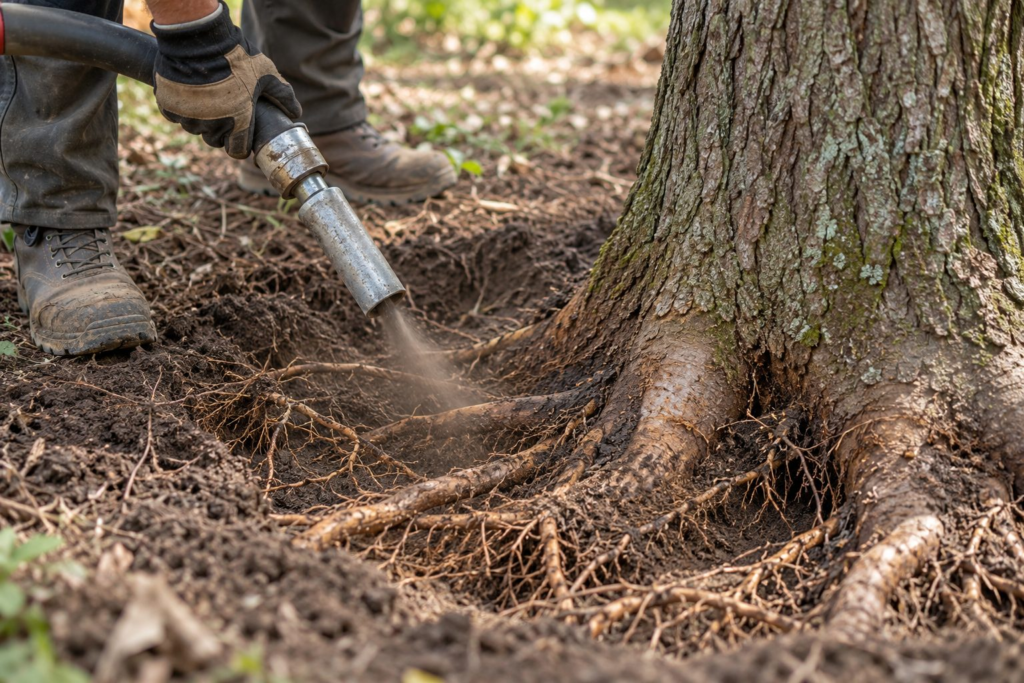 Root Collar Excavation & Air Spading in Edgefield - SC as an arborist uncovers a buried root flare near a lawn border