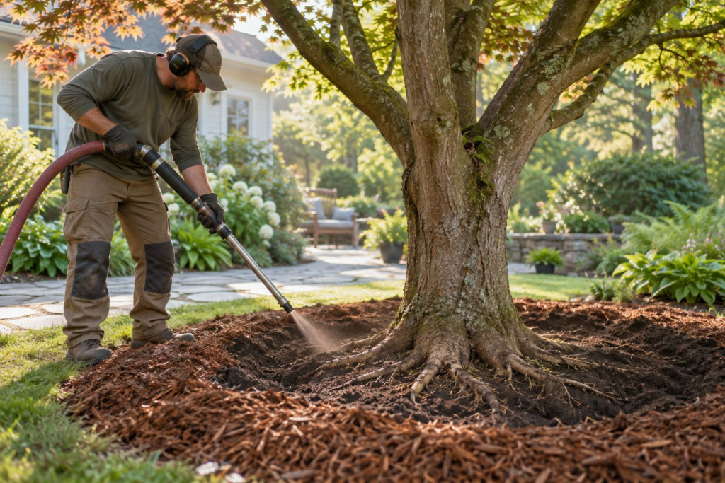 Root Collar Excavation & Air Spading in Johnston - SC as an arborist exposes a buried root flare near a sidewalk edge