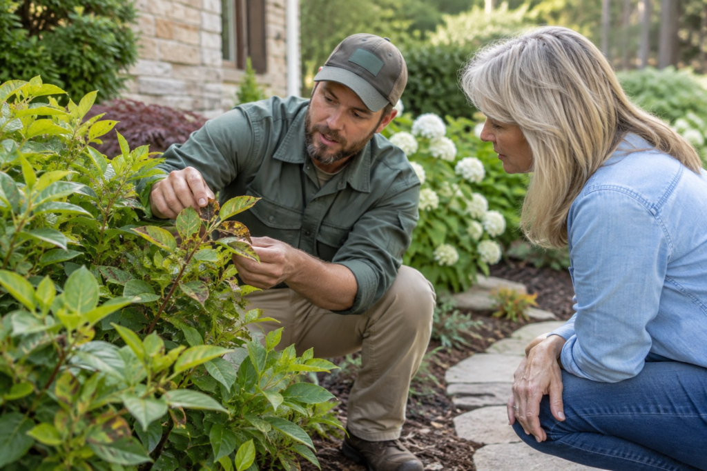 Shrub Disease & Pest Treatment in Graniteville - SC as a technician checks spotted leaves beside a walkway