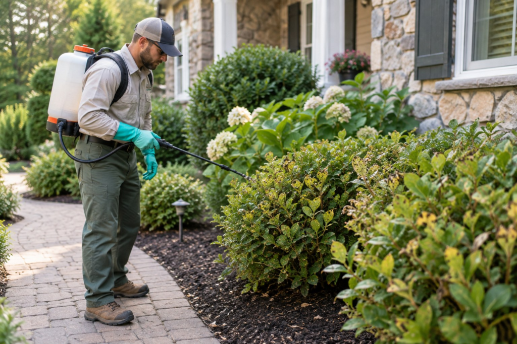 Shrub Disease & Pest Treatment in Graniteville - SC as a specialist inspects damaged hedge leaves near an entry