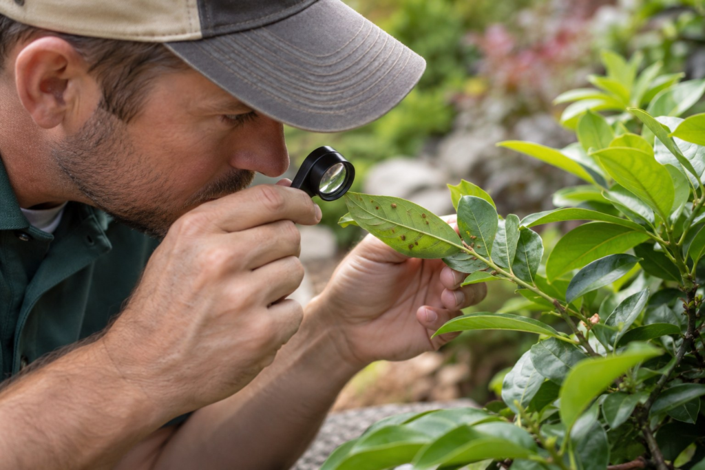 Shrub Disease & Pest Treatment in Augusta - GA as a specialist examines damaged hedge leaves near a front entry