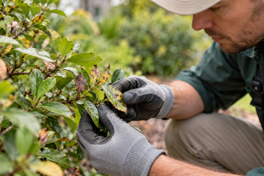 Shrub Disease & Pest Treatment in Evans - GA as a technician inspects spotted leaves beside a residential walkway