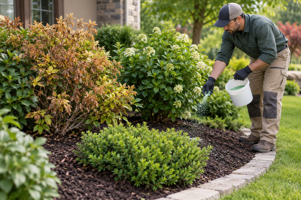 Shrub Disease & Pest Treatment in Jackson - SC as a technician checks insect damage on front bed evergreens