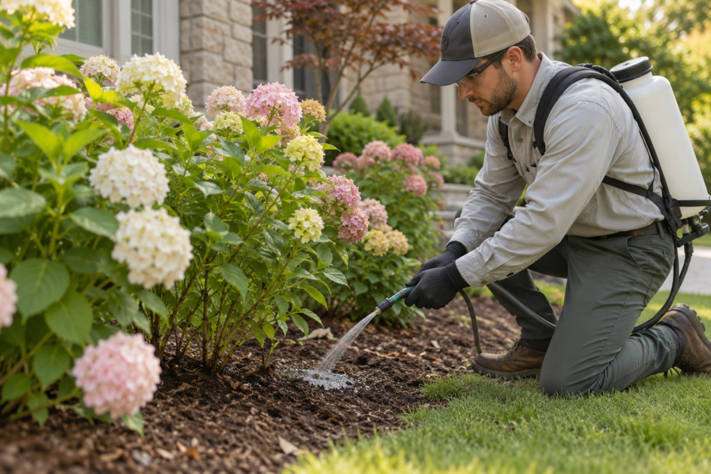Shrub Disease & Pest Treatment in Edgefield - SC as a specialist inspects spotted leaves beside a front walkway