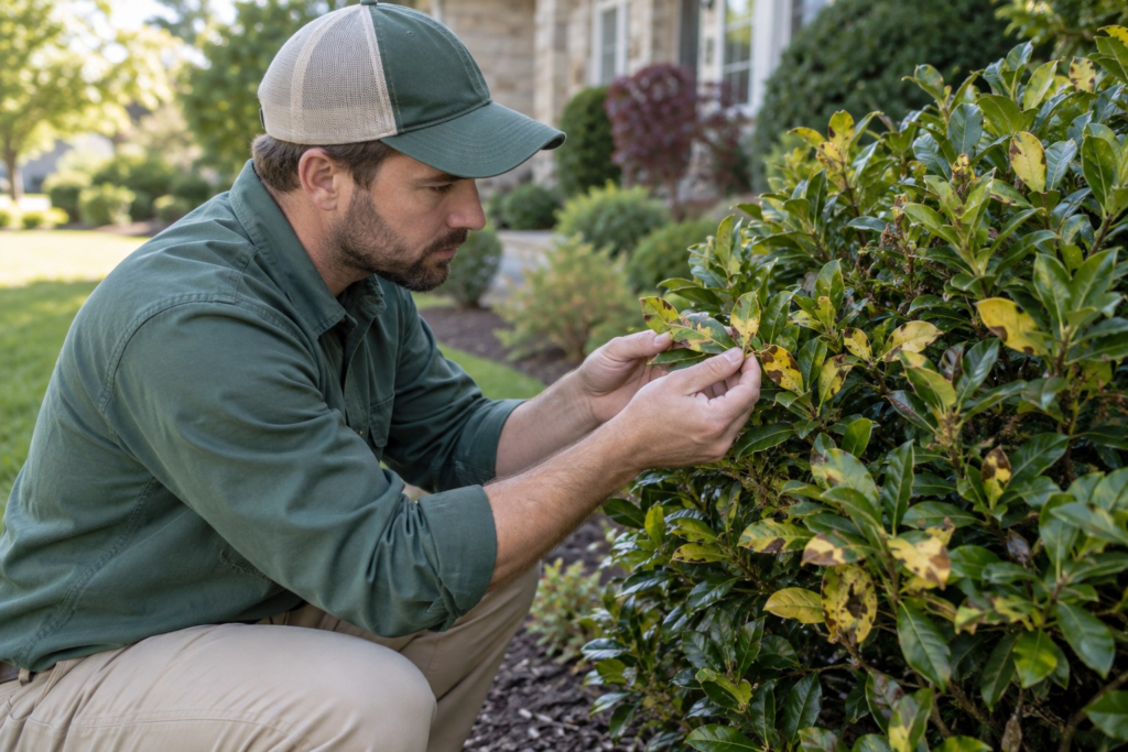 Shrub Disease & Pest Treatment in Johnston - SC as an arborist checks damaged evergreen foliage near a home's entry bed
