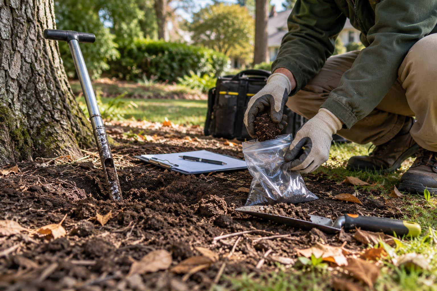 Soil Testing & Recommendations in North Augusta - SC as an arborist collects samples beside a stressed landscape bed