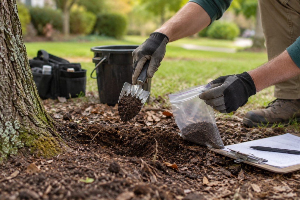 Soil Testing & Recommendations in Graniteville - SC as a specialist gathers samples near a patchy lawn and tree bed