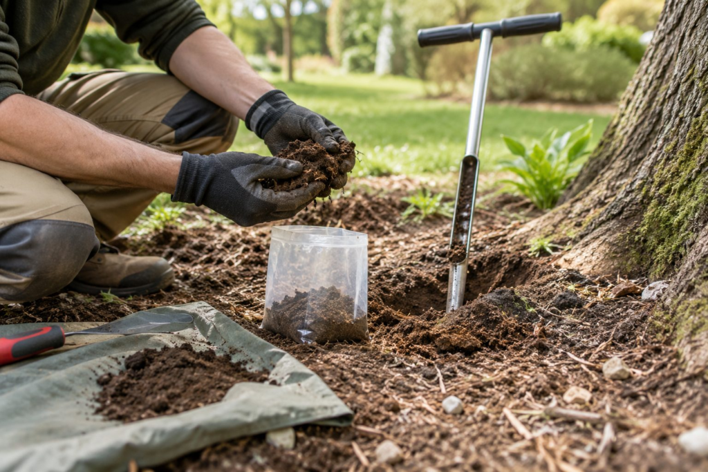 Soil Testing & Recommendations in Trenton - SC as a specialist collects samples beside shrubs and a lawn edge