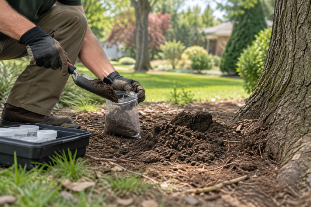 Soil Testing & Recommendations in Augusta - GA underway as a specialist gathers samples near a front lawn