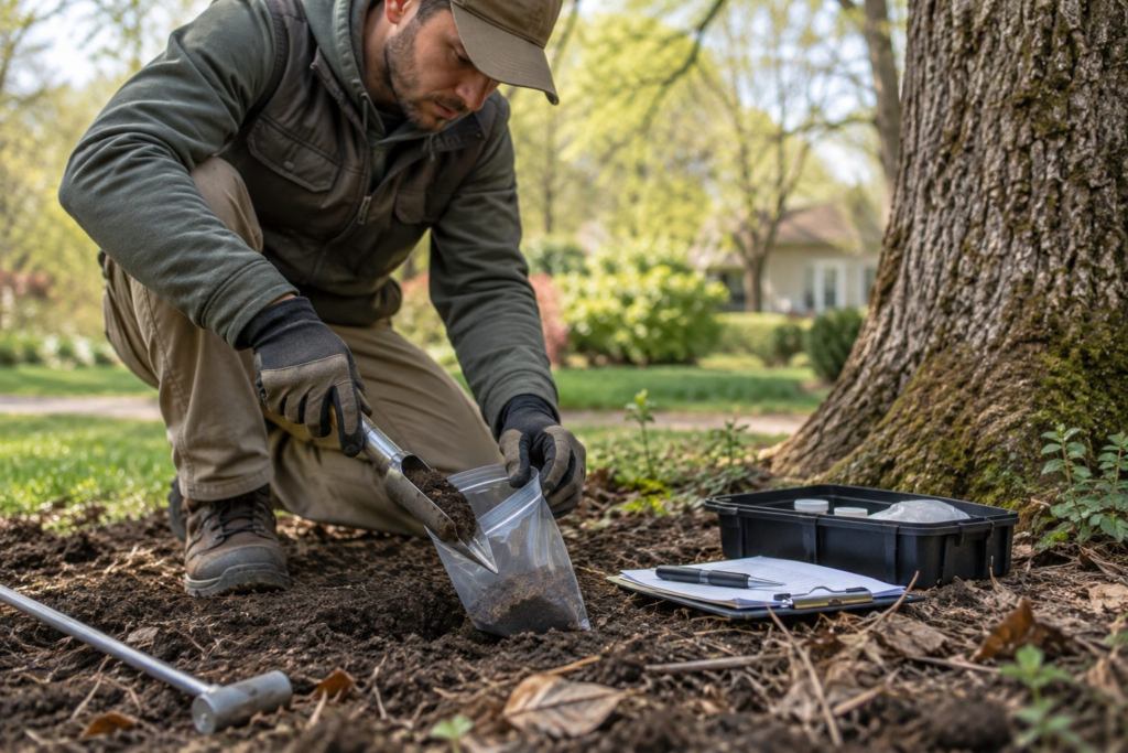 Soil Testing & Recommendations in Evans - GA as a specialist collects samples beside a landscaped front entry