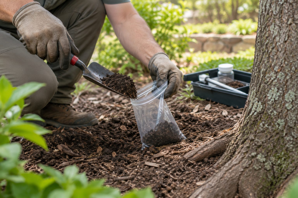 Soil Testing & Recommendations in Edgefield - SC as a specialist collects samples beside shrubs and lawn