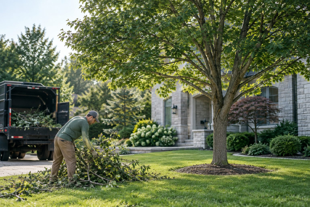 Tree Care in Aiken County - SC underway as a crew trims limbs above a residential driveway