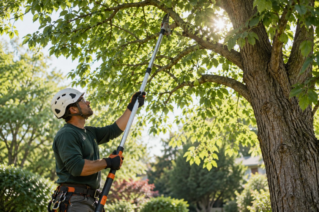 Tree Care in Edgefield County - SC in progress as a crew prunes branches near a barn