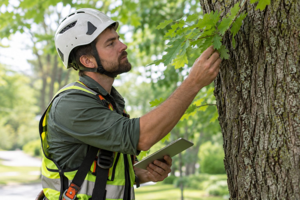 Tree Care in Columbia County - GA in progress as a crew prunes branches above a front lawn