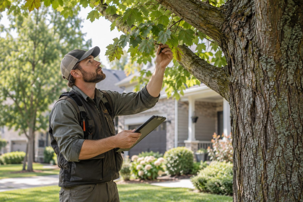 Tree Care in Evans - GA crew trimming overgrown limbs beside a suburban driveway and front lawn