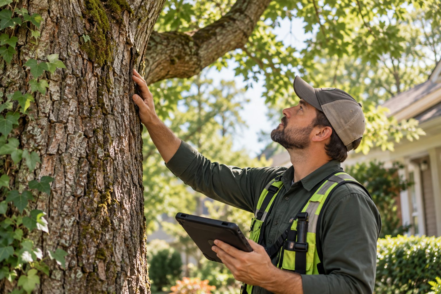 Tree Health Assessments & Diagnostics in North Augusta - SC as an arborist inspects bark damage near exposed roots