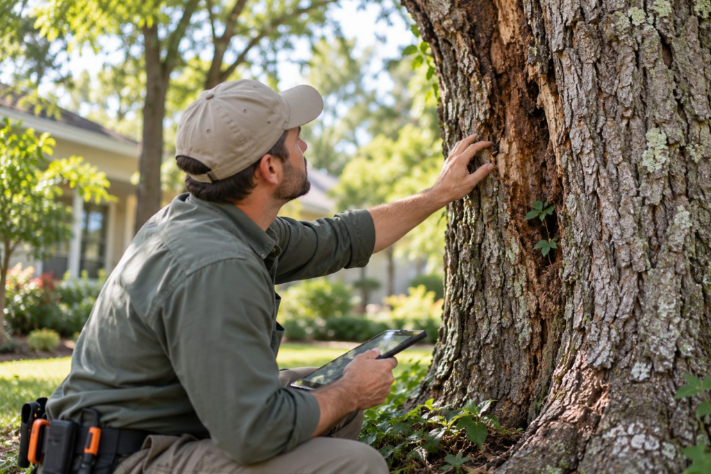 Tree Health Assessments & Diagnostics in Graniteville - SC underway as an arborist inspects bark damage on a mature oak