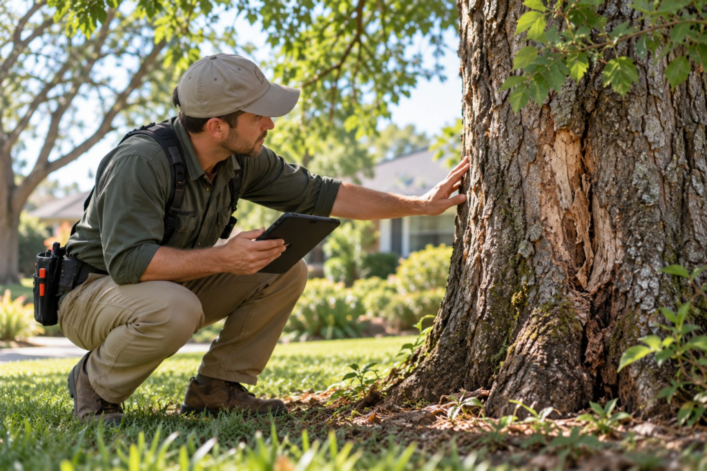 Tree Health Assessments & Diagnostics in Trenton - SC as an arborist checks leaf loss near a residential fence line