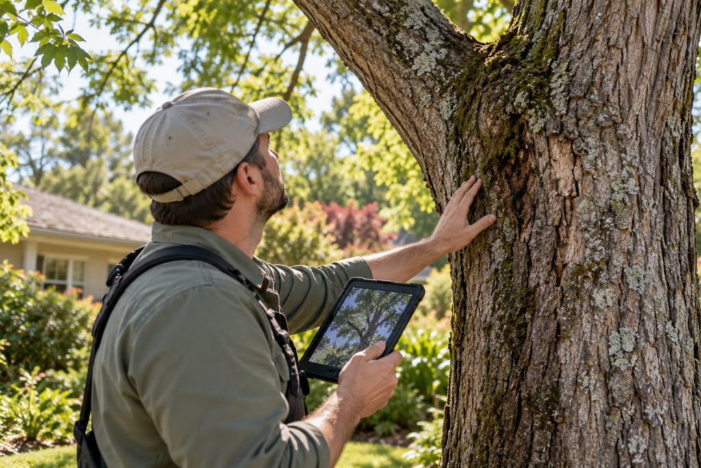 Tree Health Assessments & Diagnostics in Augusta - GA as an arborist inspects bark damage beside a shaded front lawn