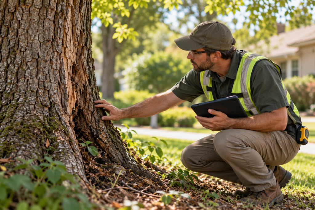 Tree Health Assessments & Diagnostics in Evans - GA as an arborist checks canopy thinning near a backyard patio