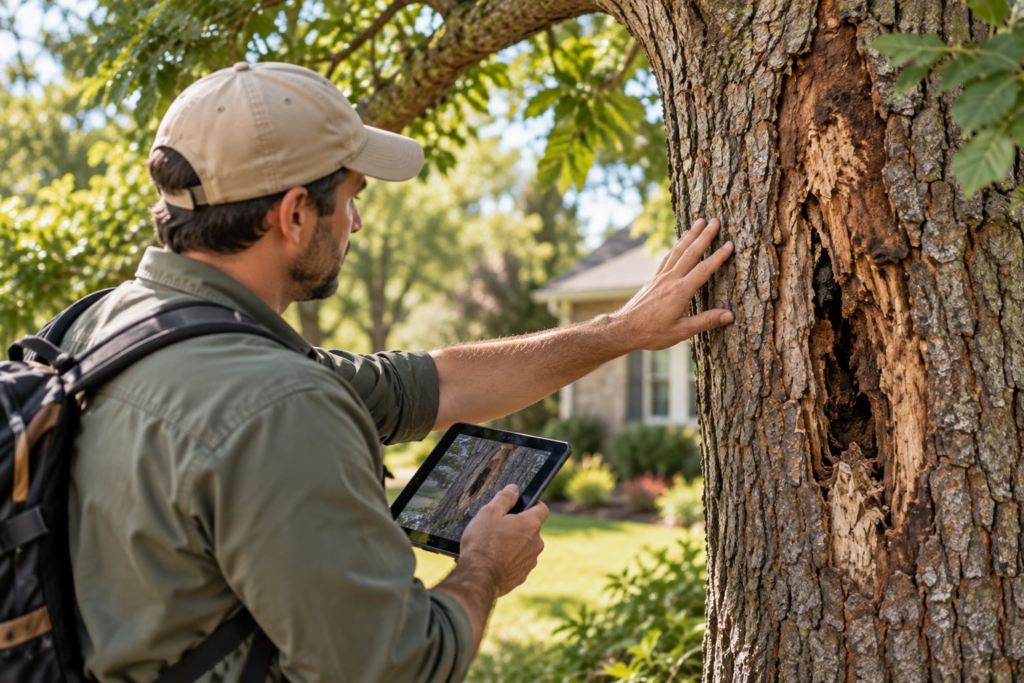 Tree Health Assessments & Diagnostics in Jackson - SC as an arborist inspects bark damage beside a driveway