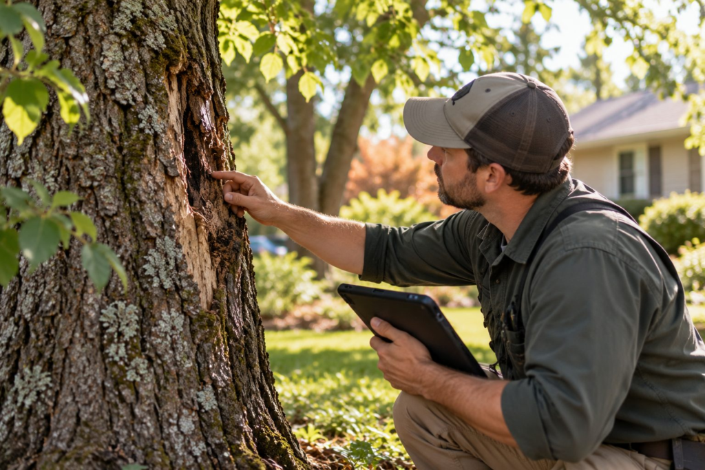 Tree Health Assessments & Diagnostics in Johnston - SC as an arborist checks bark damage beside a residential lawn